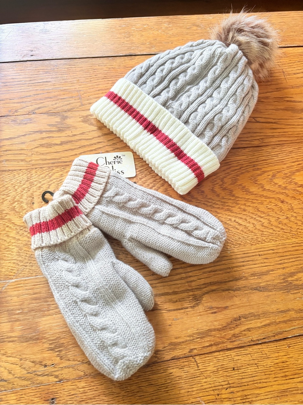 Cherie Bliss Cable Knit Pom Pom Tuque & Mittens Set Small Medium